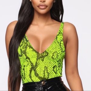 Fashion nova neon green snake print sheer bodysuit (T1)